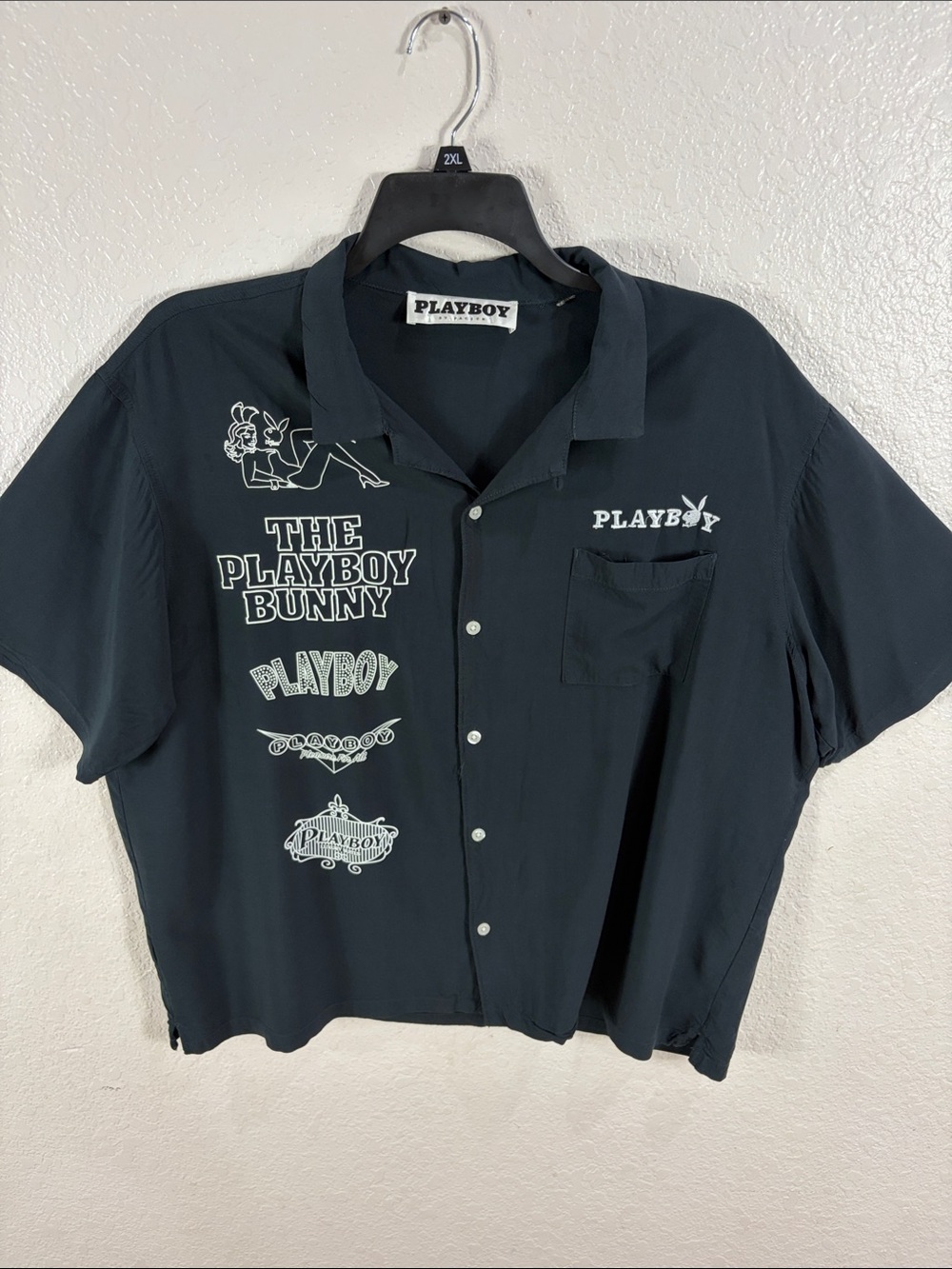 PLAYBOY Black Short-Sleeve Button-Down Shirt with White Logos,Size XL.